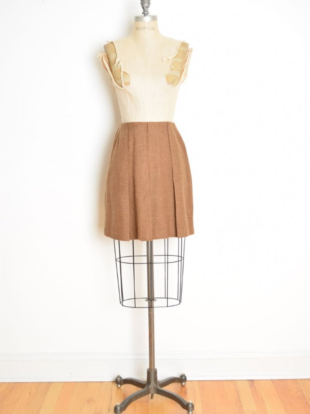 vintage 60s mini skirt pleated brown wool high waist mod secretary gogo XS